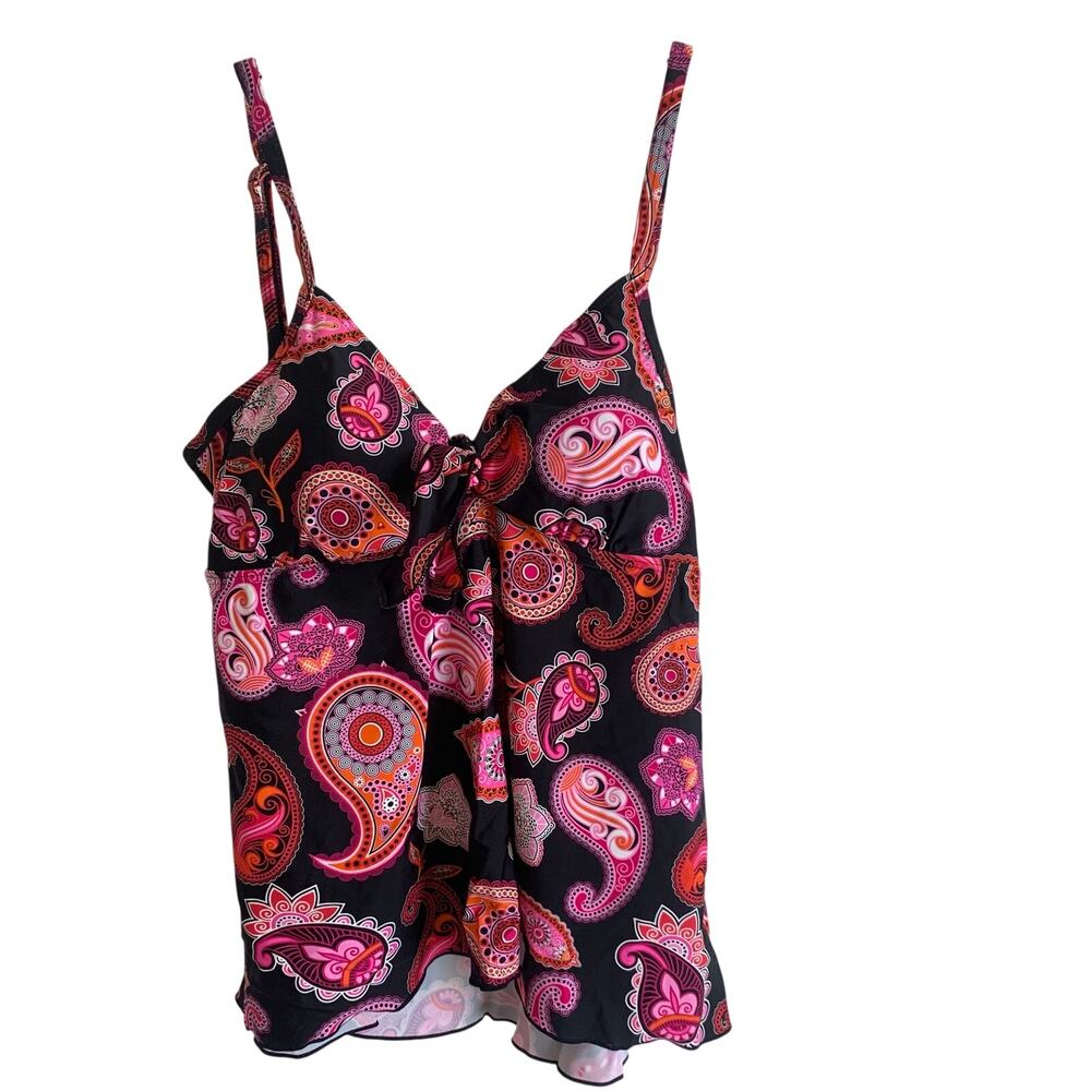 Island Pearls Womens Small Tankini Top Swim Paisley Print Pink Black Adjustable